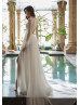 Long Sleeves Ivory Lace Chiffon High Slit Flowing Wedding Dress